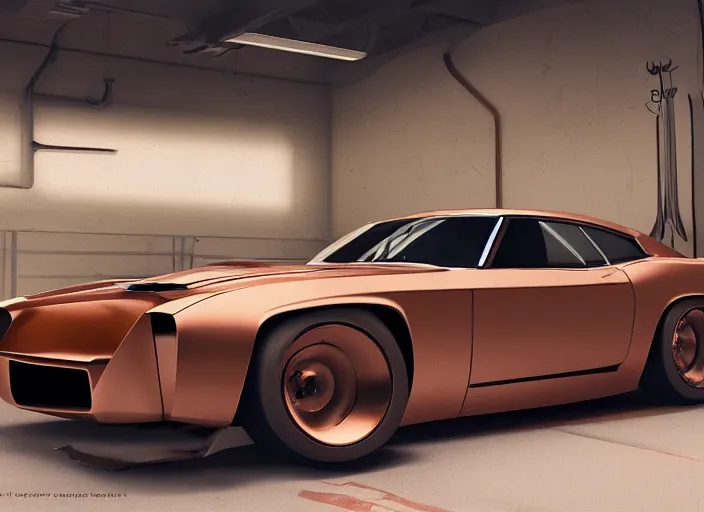 Prompt: combine some random sport car with a classic muscle car with copper paint, in a workshop, concept art style by pablo carpio. global illumination ray tracing render. full view.