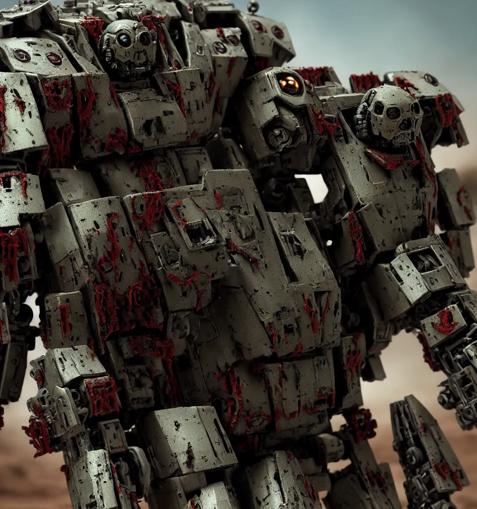 Image similar to a close up cinematic still of a zombie heavy battlemech military with flesh, by kow yokoyama, maschinen krieger, hobby japan, stormy post apocalyptic desert, highly detailed, 3 5 mm, shot with canon 5 d mark ii, face detail, rob bottin, rick baker, jordu schell, artstation, cg society, soft illumination