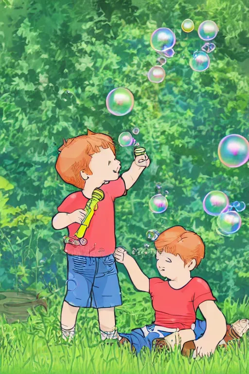 Image similar to a little boy with ginger hair blowing bubbles in a garden. clean elegant simple illustration, beautiful detailed face.