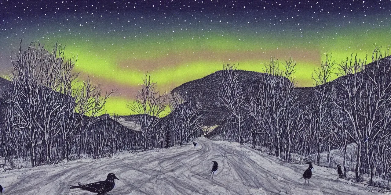 Prompt: laurentian appalachian mountains in winter, unique, original and creative landscape, lines and dots drawing, snowy night, distant town lights, aurora borealis, deers and ravens, footsteps in the snow, brilliant composition, fascinating textures