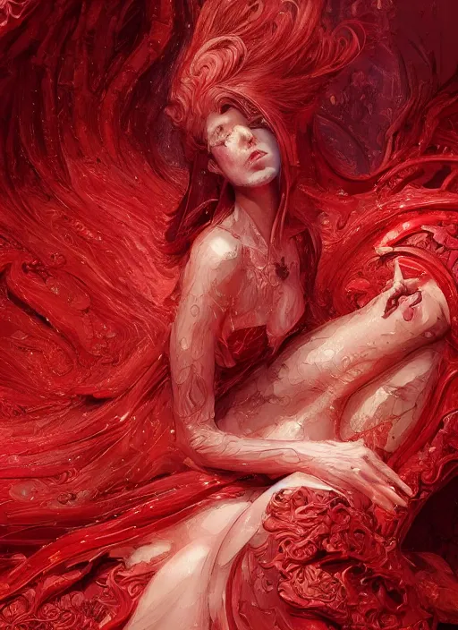 Image similar to woman in love sit upon a scarlet coloured beast, pain, royal dress, light effect, hyper detailed, intricate, atmospheric, elegant, highly detailed, digital painting, artstation, concept art, matte, sharp focus, illustration, by james jean, andrei riabovitchev, marc simonetti, yoshitaka amano