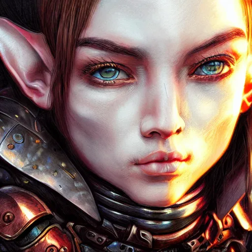 Image similar to portrait of a female elf orc by ayami kojima, she is about 2 0 years old, american pretty, copper hair, annoying but friendly, she is wearing a modern tactical gear, scifi, highly detailed portrait, digital painting, artstation, concept art, smooth, sharp foccus ilustration, artstation hq