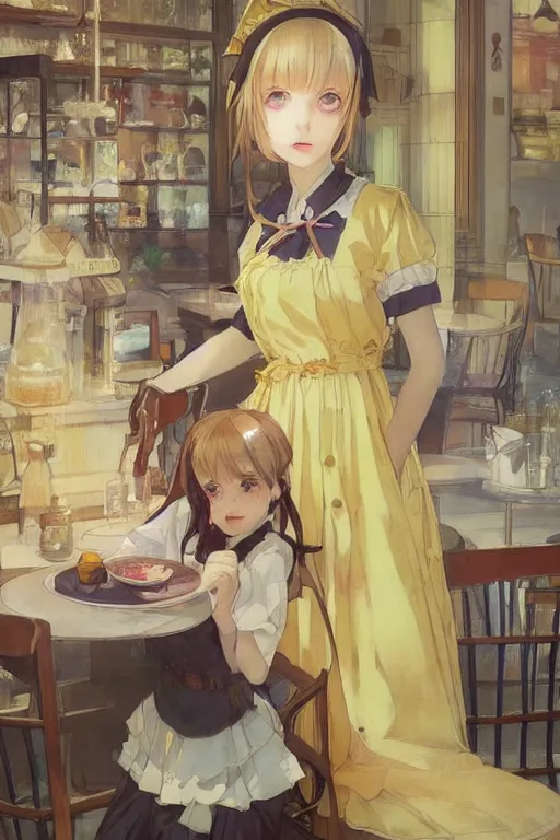 Prompt: A girl in a maid's outfit in a cafe a afternoon, yellow theme,S line,45 angel by krenz cushart and mucha and range murata and greg rutkowski