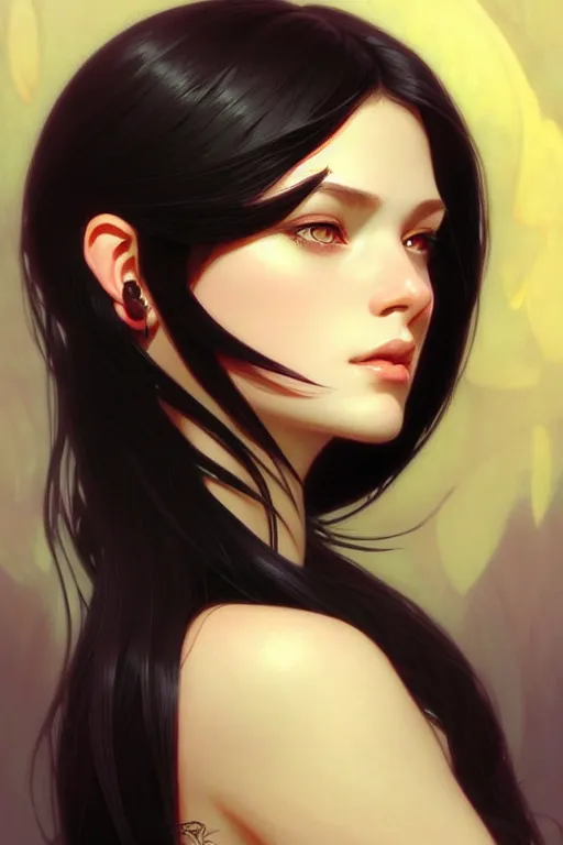 Image similar to a beautiful girl with long black hair, fantasy, portrait, sharp focus, intricate, elegant, digital painting, artstation, matte, highly detailed, concept art, illustration, ambient lighting, art by ilya kuvshinov, artgerm, Alphonse mucha, and Greg Rutkowski