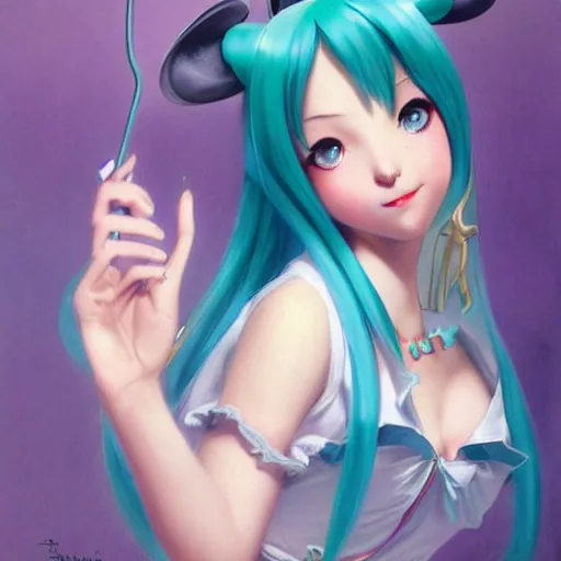 Image similar to Hatsune Miku by Gil Elvgren and Daniela Uhlig