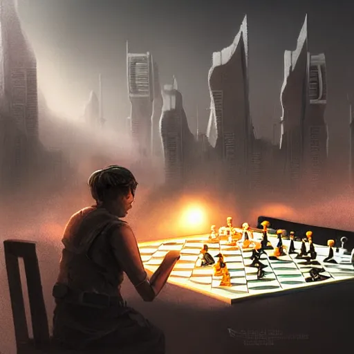 Image similar to apocalyptic future city, a godlike creature is playing chess. the chess figures are planets. smoke. volumetric lighting, sharp focus, ultra detailed, cgsociety - w 1 0 2 4 - n 8 - i