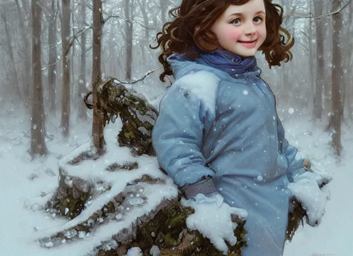 Prompt: A cute little girl with short curly brown hair and blue eyes, a round cherubic face and a happy expression. She is standing in a snowy forest trying to catch snowflakes. beautiful fantasy art by By Artgerm and Greg Rutkowski and Alphonse Mucha, trending on artstation.