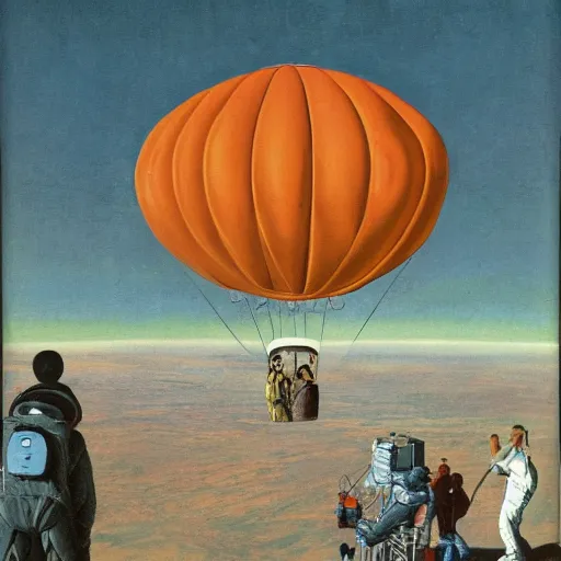 Prompt: astronauts arriving in mars on a hot air ballon, by francis bacon