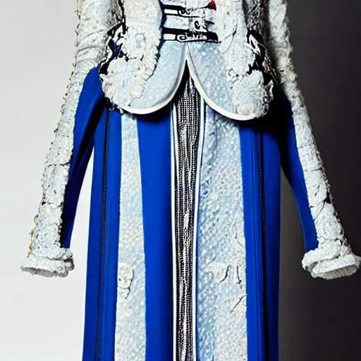 Image similar to fashion 2 0 5 0 fantastic openwork long coat with intricate pattern on a beautiful symmetrical girl with blue hair, hyper realistic photos
