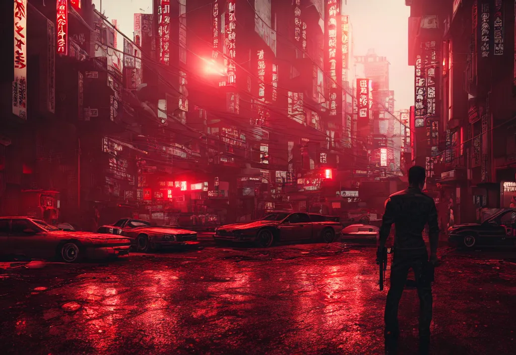 Image similar to tokyo city streets in blood, by cyberpunk style, max payne standing in blood, trending on artstation, cinematic, realistic buildings windows cars, realistic peoples, extreamly detailed, golden ratio, awesome greate composition, color balance harmony, physical correct light shadows, awesome exposition, like in real life, octane render 8 k, art by cd projekt red