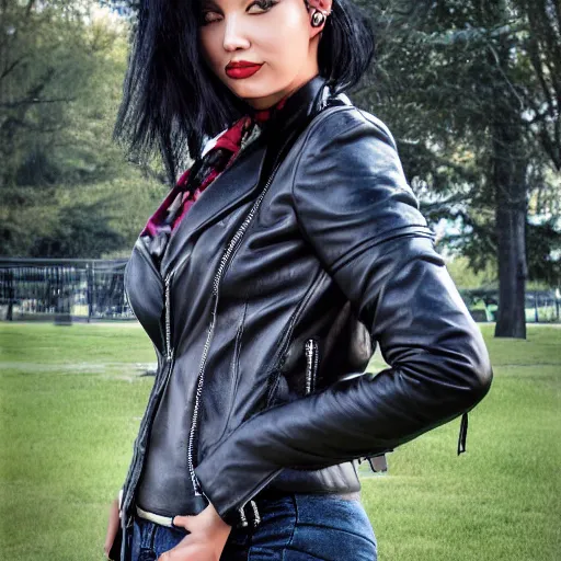 Image similar to woman with black hair and a leather jacket in a beautiful park by artgerm