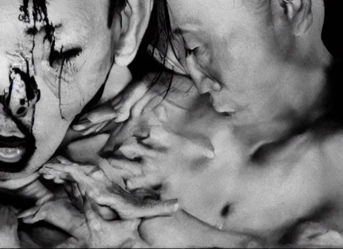 Image similar to a surreal love scene from a feature film by wong kar - wai, alejandro jodorowsky, roger ballen and nobuyoshi araki : : pagan occultism, magick ritual, butoh : : close - up shot, exquisite lighting setup : : anamorphic lens, kodakchrome : : 8 k