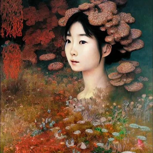 Prompt: a sculpture portrait of a beautiful young japanese girl made of smoke mushrooms and coral reefs and crystals and plants, muted cold colors, painting part by wojciech siudmak, part by ilya repin, part by norman rockwell, artstation