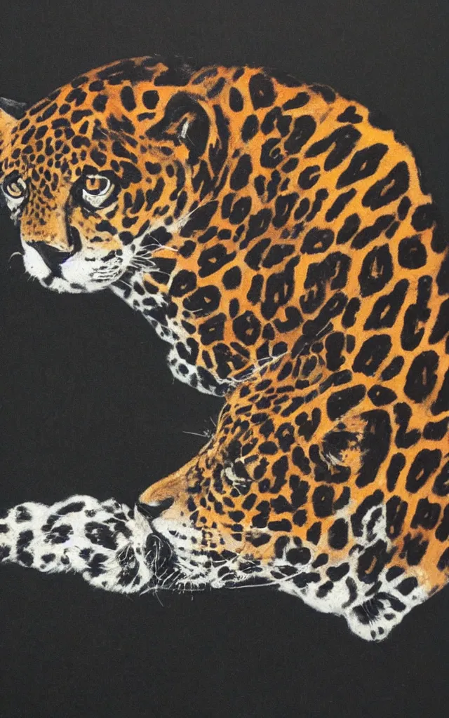 Image similar to a jaguar velvet painting on black velvet, kitcsh inspired by edgar leetag, paint on black velvet canvas, american velvet painting, veveltaria, minimalist, black space 8 x 1 0
