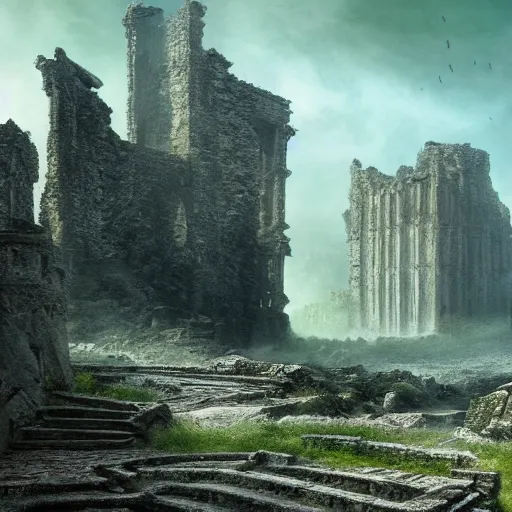 Image similar to intricate matte painting, dramatic landscape, ruins