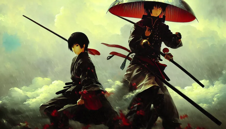 Image similar to baroque oil painting of key visual samurai war, rain, storm, fake detail, trending pixiv fanbox, acrylic palette knife, style of makoto shinkai takashi takeuchi yoshiyuki sadamoto greg rutkowski chiho aoshima