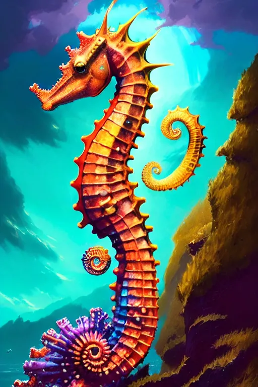 Image similar to highly detailed portrait of rainbow - colored seahorse, stephen bliss, unreal engine, fantasy art by greg rutkowski, rhads, ferdinand knab, makoto shinkai and lois van baarle, ilya kuvshinov, rossdraws, tom bagshaw, global illumination, radiant light, yellow blue theme, coral reef