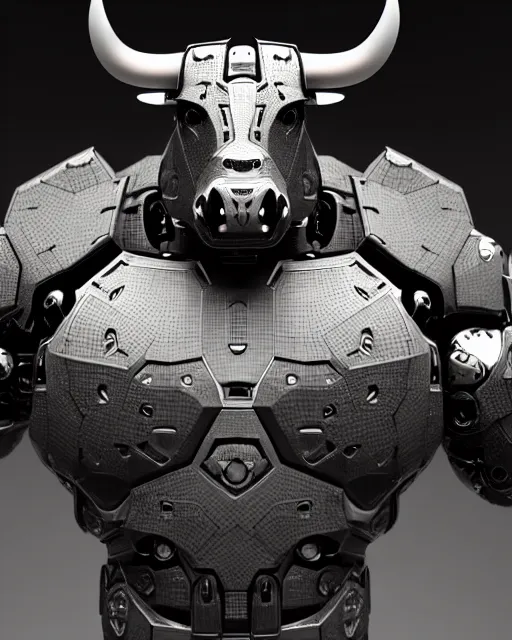 Prompt: a full body shot of a imposing cyborg ( bull ) modeled after a bull with open eyes looking into the camera, black!!! skin, intricate pattern, hard rubber chest, highly detailed, android, cyborg, full body shot, intricate, 3 d, symmetrical, octane render, fantasy, highly detailed, digital art, artstation, strong bokeh