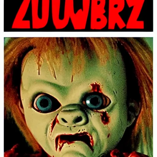 Image similar to Evil creepy looking Chucky the killer doll from Child's Play surrounded by zombies in the movie Dawn of the Dead