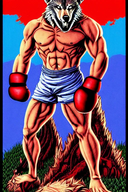 Image similar to extreme long shot. 8 bit nes graphics. antropomorphic muscular masculine wolf. kickboxer fighter, in shorts. wolf head. fine details, very sharp, art from nes game cartridge, ( vhs colors, vaporwave style ), marc simonetti and hermann nitsch