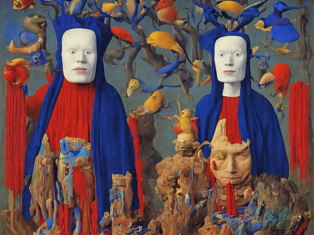 Image similar to Portrait of albino mystic with blue eyes, with totemic archaic mask made from lapis lazuli. Painting by Jan van Eyck, Audubon, Rene Magritte, Agnes Pelton, Max Ernst, Walton Ford