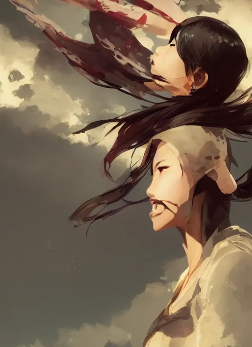 Image similar to a young japanese woman with very short hair looking to the skies, cinematic lighting, dramatic atmosphere, artwork by dustin nguyen, akihiko yoshida, greg tocchini, greg rutkowski, cliff chiang, 4 k resolution, trending on artstation,