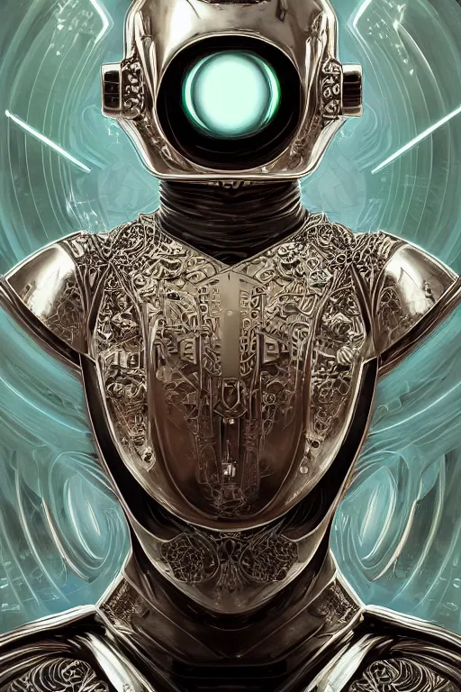 Prompt: retro-futuristic portrait of a beautiful but damaged female android in dusty chrome armour, ornate background, light from below, ornate pattern, glowing eyes, evil expression, high details, intricate details, renaissance style, painting by vincent di fate, artgerm julie bell beeple, 80s, Smooth gradients, High contrast, depth of field, very coherent symmetrical artwork