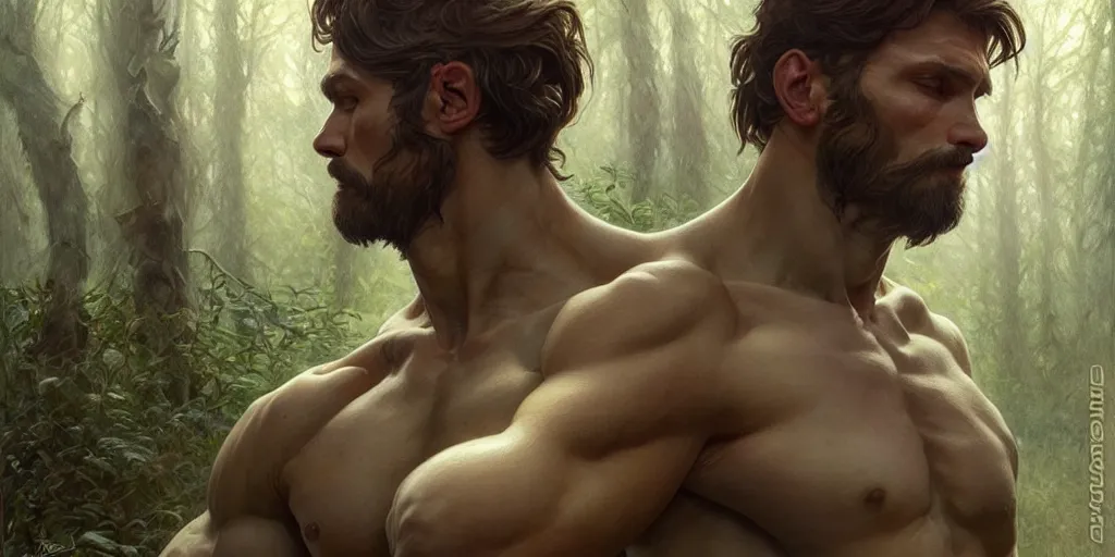 Prompt: caucasian man in park of forest gog, male, clear face, masculine, upper body, muscular, fantasy, intricate, elegant, highly detailed, digital painting, artstation, concept art, matte, sharp focus, illustration, art by artgerm and greg rutkowski and alphonse mucha