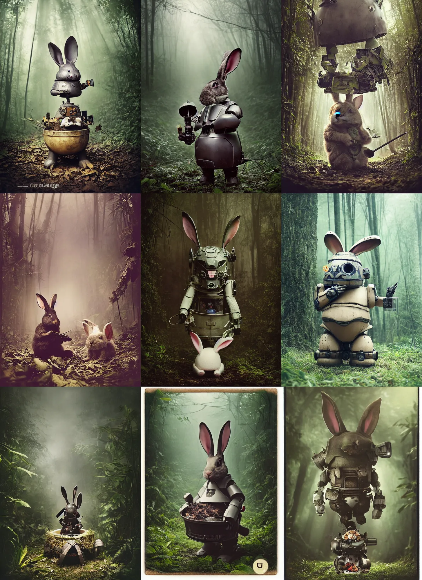 Prompt: dark night oversized battle rabbit robot chubby fatmech bucket bowl with big ears with rabbit sitting inside, in jungle forest, full body, nighttime, cinematic focus, polaroid photo, vintage, neutral dull colors, soft lights, foggy, overcast by oleg oprisco, by thomas peschak, by discovery channel, by victor enrich, by gregory crewdson