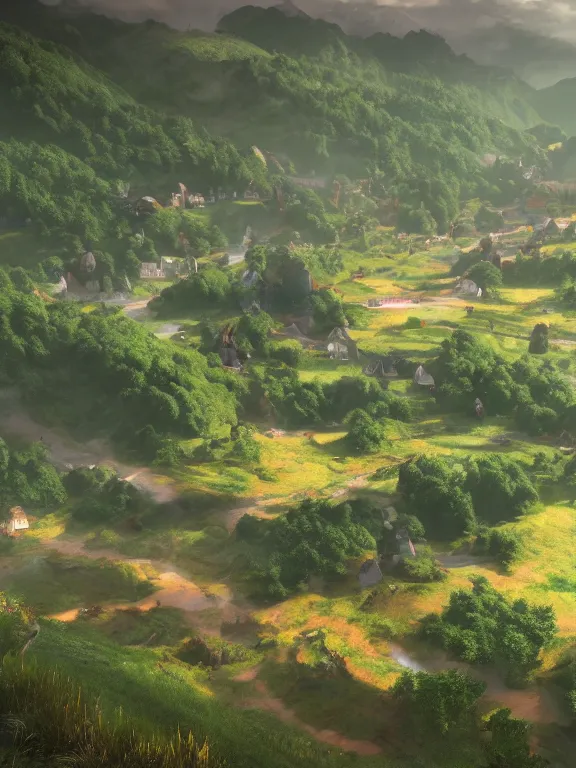 Image similar to photo of 8k ultra realistic beautiful valley, small town, hills, pylons, heavy rain, full of colour, cinematic lighting, battered, trending on artstation, 4k, hyperrealistic, focused, extreme details,unreal engine 5, cinematic, masterpiece, art by studio ghibli