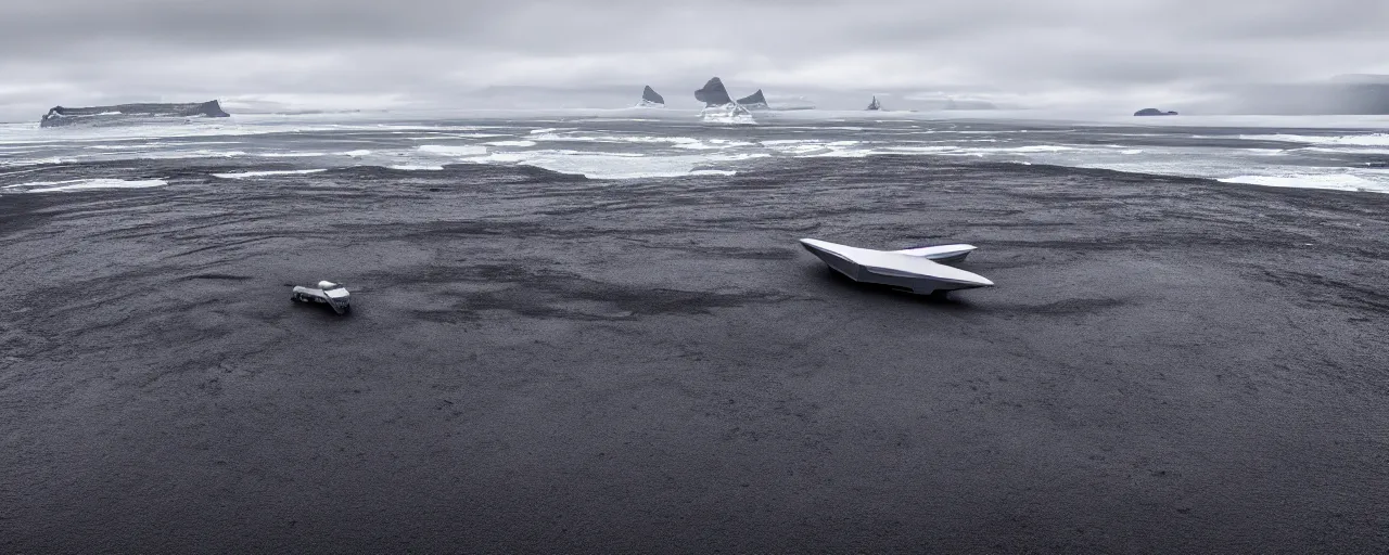 Image similar to cinematic shot of giant symmetrical futuristic military spacecraft in the middle of an endless black sand beach in iceland with icebergs in the distance,, 2 8 mm