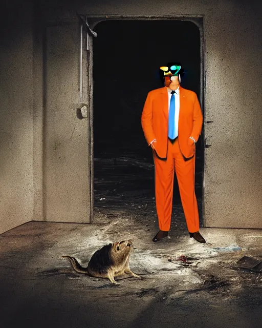 Image similar to a head and shoulders portrait of Donald trump wearing a orange jumpsuit, sitting on the floor of a filthy rat infested concrete jail, dimly lit, volumetric lighting, in jail by craig mullins and Annie Leibowitz, octane, 8k,