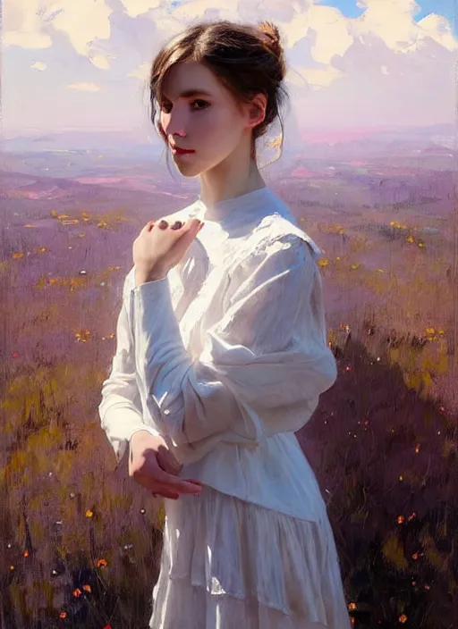 Image similar to portrait of girl dressed in white clothes , countryside, fantasy character portrait, dynamic pose, above view, view from above, sunny day, thunder clouds in the sky, artwork by Jeremy Lipkin and Giuseppe Dangelico Pino and Michael Garmash and rob rey, very coherent symmetrical artwork, perfect face, simple form, 100mm