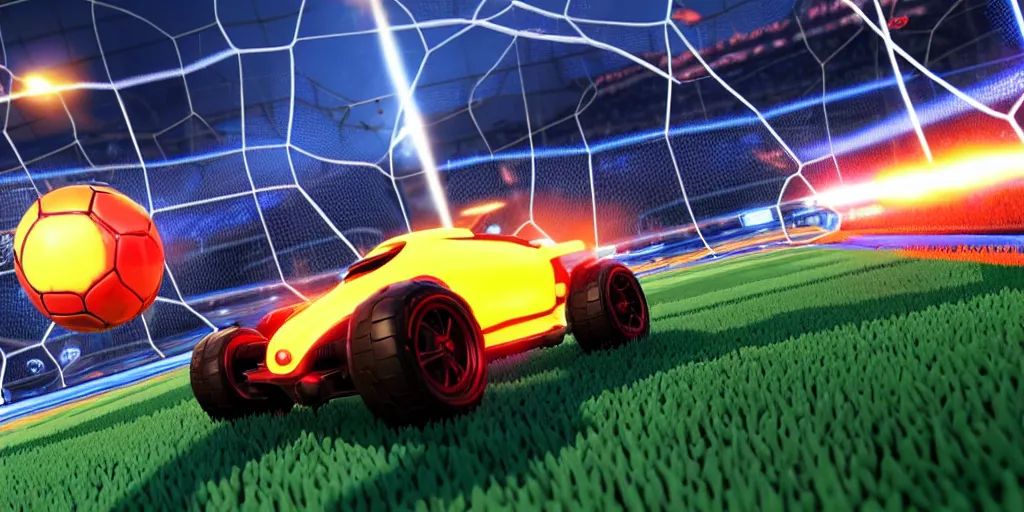 Image similar to rocket league, car soccer, boom, goal, demo, explosion, action shot, lens flares, rim light, raytracing, glow, haze, hyper - realistic, micro details, octane render, unreal engine, cinematic shot