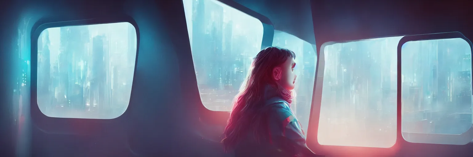 Prompt: Young girl looking out the window of a futuristic train, foggy dystopian cyberpunk city with neon lights in the background trending on artstation, artstationHD, artstationHQ, unreal engine, 4k, 8k