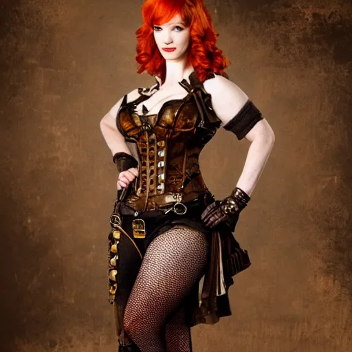 Image similar to full body photo of christina hendricks a steampunk warrior