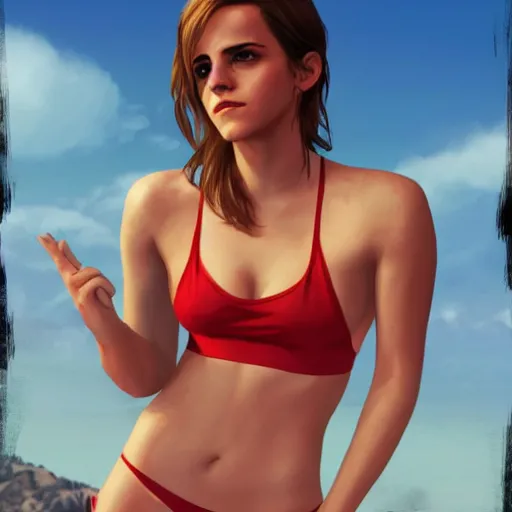 Prompt: emma watson in red bikini in gta v, cover art by stephen bliss, artstation, no text