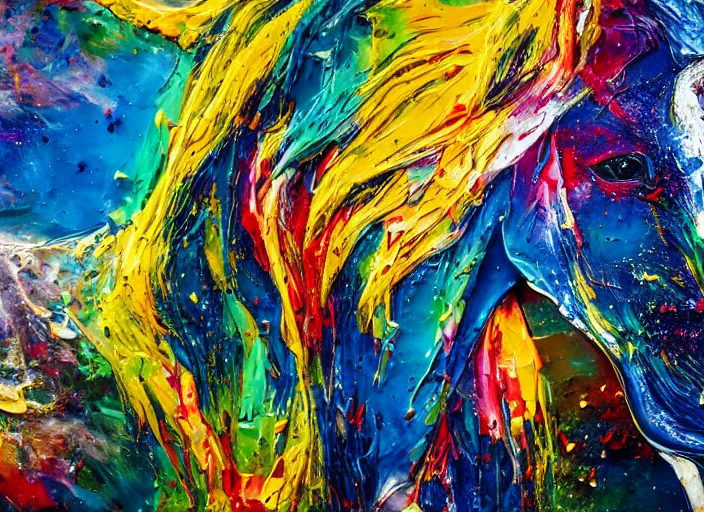 Image similar to abstract expressionist mid shot portrait of a horse made of very thick impasto paint and acrylic pour and coloured powder explosion and splashing paint and dripping paint and flying paint chunks, eyes closed or not visible, expressing strong emotions, motion blur, hyperrealistic, intricate art photography, anatomically correct, realistic crisp textures, 1 6 k