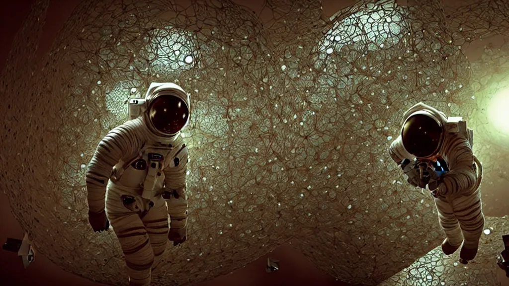 Image similar to a single astronaut eva suit interwoven with diamond 3d fractal lace iridescent bubble 3d skin and covered with insectoid compound eye camera lenses floats through the living room, film still from the movie directed by Denis Villeneuve with art direction by Salvador Dalí, wide lens,