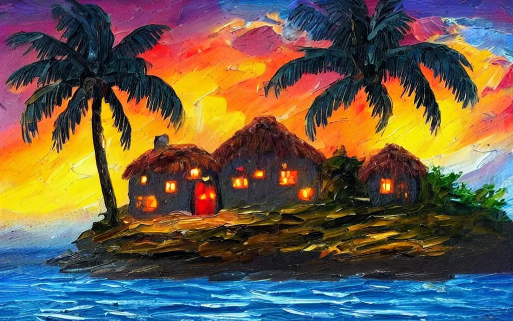 Image similar to a very very small island! cute cozy cottage!! and lanterns!!!, chairs, fireplace, palm trees, dark very late evening cloudy sunset, dramatic and dynamic lighting, thick brush strokes oil impasto painting