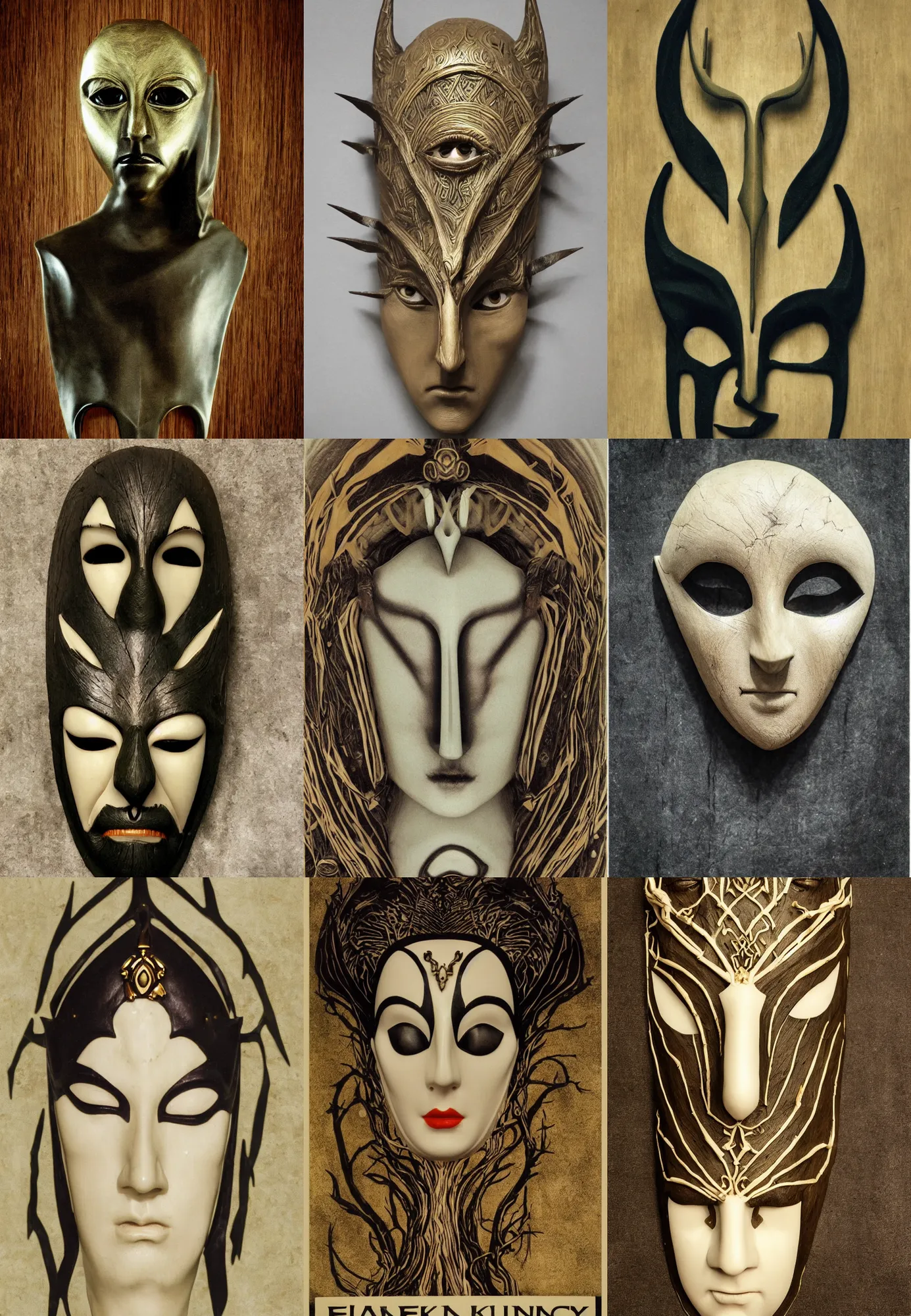 Image similar to dark fantasy atmosphere, simple elven mask, lord of the rings, hi tech, nano technology, industry, movie poster from 1960s, propaganda poster, wood clay marble ivory crow head eyes bamboo, jewerly, low poly, brutal modern sculpure, gustav klimt