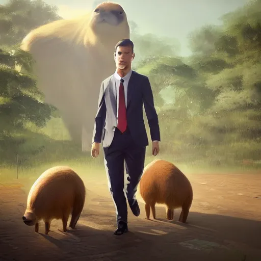 Image similar to a high quality photo of an antropomorphic capybara wearing a suit, 3d scene, render, ultra realistic, Greg Rutkowski, artstation, cgsociety, unreal engine
