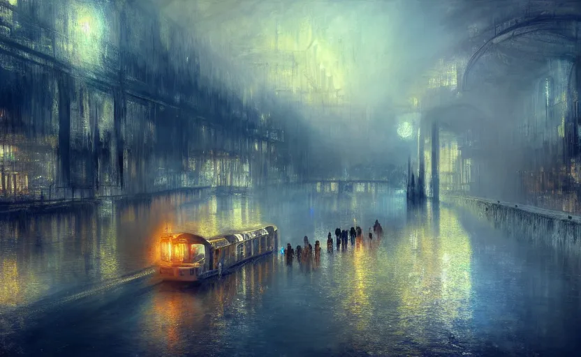 Image similar to an urban train rides inside of a waterway on a fantasy city. by artstation trending, by joseph mallord william turner, luis royo, konstantin razumov, cinematic lighting, fractal flame, highly detailed