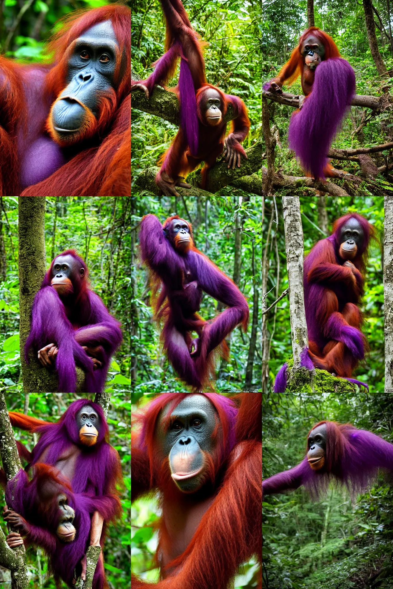 Prompt: orangutan with long purple hair, national geographic award winning photo in the forest