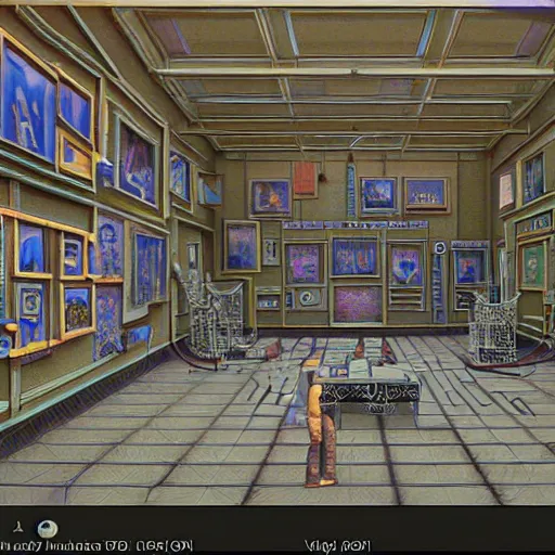 Image similar to the last virtual art museum in a 9 0's video game, made in 1 9 9 0, hyper detailed realistic hd screenshot, in the style of mc escher, in the style of a liminal space