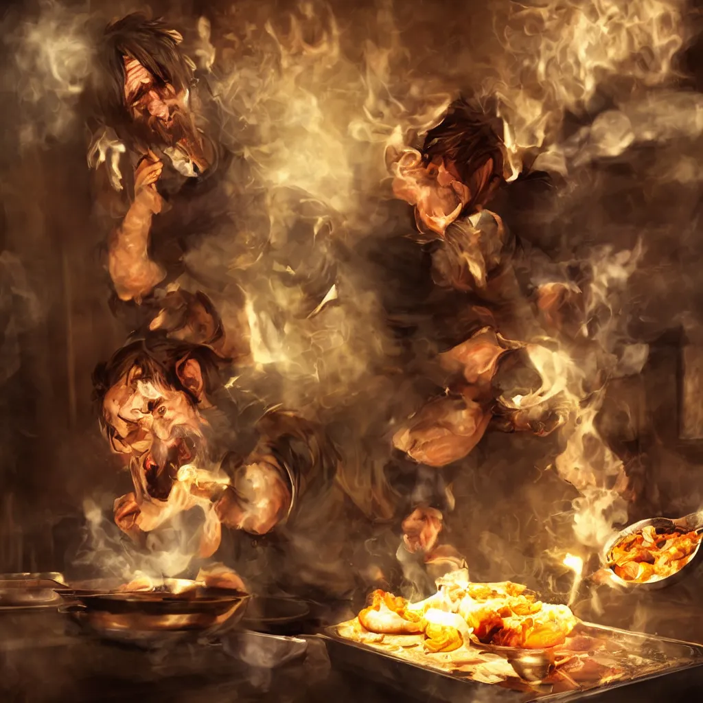 Prompt: asmongold smiling while cooking a meal, hyperrealistic photograph, dramatic pose, cinematic composition, beautiful lighting, sharp details, detailed, hd, hdr, photo