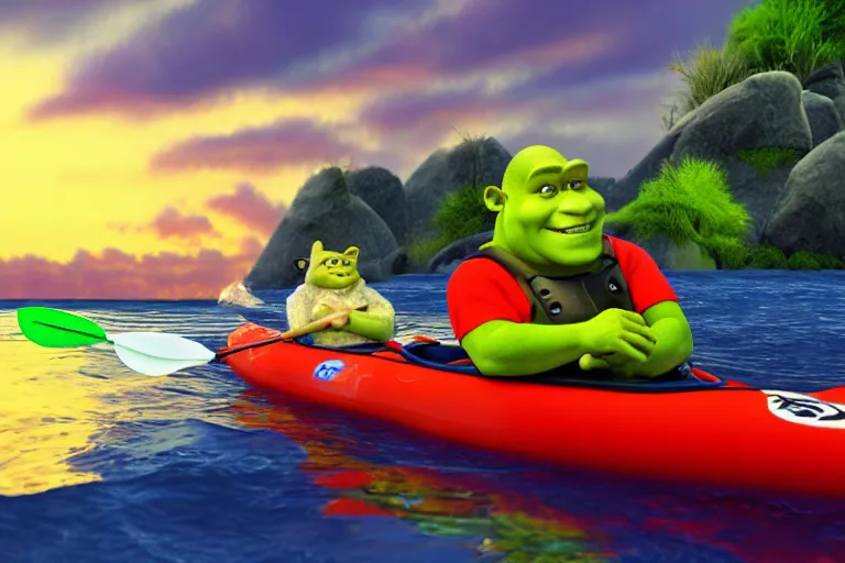 Image similar to a photo of shrek and sonic kayaking in the ocean during a beautiful sunset, photorealistic, hd, 8 k