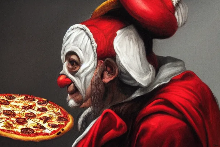 Image similar to a highly detailed portrait of pulcinella!!! from naples with a pizza!! and burning volcano, an ultrafine detailed painting by achille superbi, dramatic lighting, trending on deviantart, whimsical, lowbrow, smooth, sharp focus, octane, masterpiece