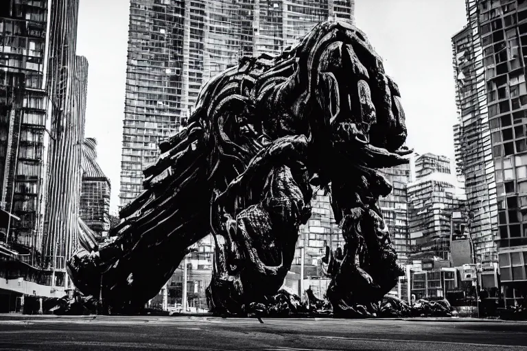 Prompt: Ominous still of Gargantuan, Mastodonic, Inter-Dimensional Behemoth Entity Monster designed by Moebius, GANTZ, H.R. Giger at devastated Toronto downtown district, chaotic riots in 2022, Canon EOS R3, f/1.4, ISO 200, 1/160s, 8K, RAW, unedited, symmetrical balance, in-frame, documentary photography, colorful