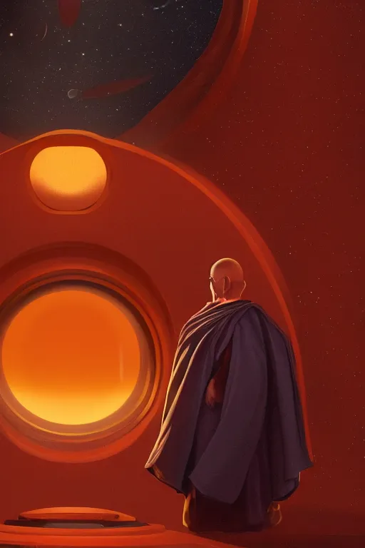 Image similar to portrait of a monk in a spaceship, round window, exploding star, orange robe, dramatic lighting, artstation, matte painting, ralph mcquarrie